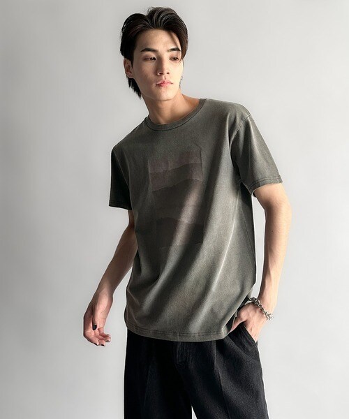 [}C]Tight Fit Pigment-Dyed Print T-Shirt/NVJGtiClassical Elfj AuXgNg