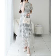 【mily bilet】ときめき、ひとめぼれ。チュールフリルドッキングノースリーブワンピ（ロング丈）