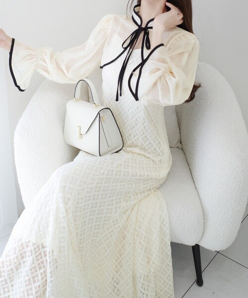 mily bilet】パイピング配色シアーボレロセットアップ花柄レース