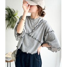 Tシャツより可愛く、スウェットより軽やか♪5分袖メロウ切替裏毛トップス