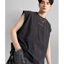 【Classical Origin】「1枚で主役。」紐刺繍スノーウォッシュ加工ノースリーブTシャツ