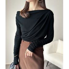 【25AW新作】華奢見え洗練ドレープ♪アシメドレープオフショルフライスプルオーバー（長袖）