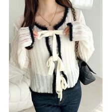 25AW新作【mily bilet】透かし編みフェザー配色前後２WAYリボンカーディガン