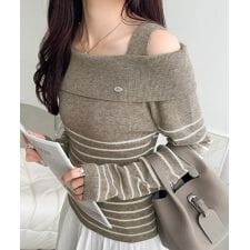 2025AW新作【mily bilet】大人の肌見せ。ワンオフショルアクセントボタンボーダーニット