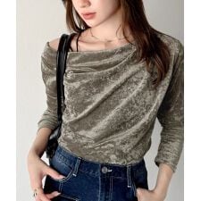 クラシカルエルフ(Classical Elf)の25AW新作【mily bilet】クラッシュベロアオフショルドレーププルオーバー（サムホール付き）