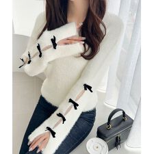 2025AW新作【mily bilet】甘さと抜け感が◎袖リボン使いフェザーシャギーリブニット