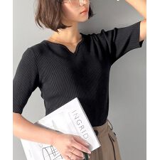 【2025AW新作】美デコルテを演出♪リブニットカーヴィーネックトップス（半袖）