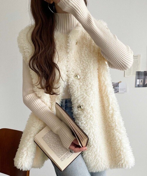 CLORE＋ プードルベスト ボアベスト ベージュ セール】もこもこ感が愛らしい♪暖か前後2wayプードルボアベスト