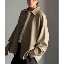 【Classical Origin】刺繍入りウールライク素材ストライプ柄オーバーサイズシャツ（長袖）