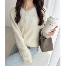 クラシカルエルフ(Classical Elf)の【mily bilet】きらめきビジューが映えるシャギーカーデ♪フェザーシャギーニットカーディガン