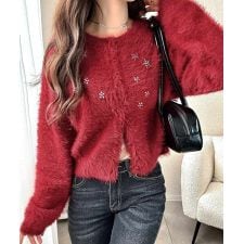 クラシカルエルフ(Classical Elf)の【mily bilet】きらめきビジューが映えるシャギーカーデ♪フェザーシャギーニットカーディガン