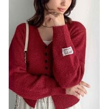 クラシカルエルフ(Classical Elf)の【mily bilet】愛らしさ100％。レースネーム付きくるみボタンミックスニットカーデ（長袖）