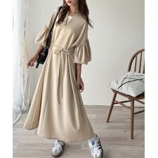 クラシカルエルフ(Classical Elf)の【2025AW新作】ぽわんとあざとく。ウエストリボン使い配色ステッチキーネックワンピース（長袖）