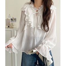 クラシカルエルフ(Classical Elf)の【mily bilet】フェミニンスタイル。前後2WAYピコレース使いフリル襟コットンボイルブラウス