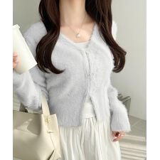 【mily bilet】ふんわり大人かわいい♪ビジューリボンボタンシャギーニットカーディガン（長袖）