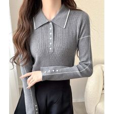 25AW新作【mily bilet】配色ラインがポイント♪上品なポロ襟リブニット