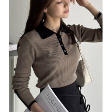 25AW新作【mily bilet】トレンドの襟付きデザイン♪金縁ボタン使いリブポロニット（長袖）