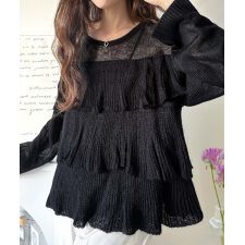 【2025AW新作】ふんわり大人フェミニン♪ティアードフリルモヘアタッチメッシュ編みニット（長袖）