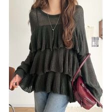 【2025AW新作】ふんわり大人フェミニン♪ティアードフリルモヘアタッチメッシュ編みニット（長袖）