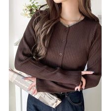 【25AW新作】レイヤード風デザインでこなれ感アップ◎重ね着風配色リブカーディガントップス（長袖）