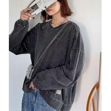 クラシカルエルフ(Classical Elf)の【25AW新作】《JaVaコラボ》ヴィンテージライク♪ 綿100%裾ロゴVネック切り替え裏毛ロンT