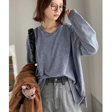 クラシカルエルフ(Classical Elf)の【25AW新作】《JaVaコラボ》ヴィンテージライク♪ 綿100%裾ロゴVネック切り替え裏毛ロンT