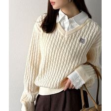 25AW新作【mily bilet】シャツレイヤード風ロゴ刺繍リブニットプルオーバー（長袖）