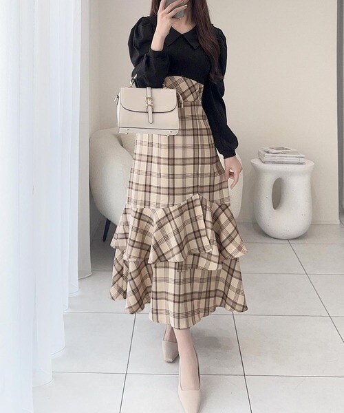 クラシカルエルフ（Classical Elf）/25AW新作【mily bilet】シャツ襟チェックアシメフリルドッキングロングワンピース（長袖） 25AW新作【mily bilet】シャツ襟チェックアシメフリルドッキングロング