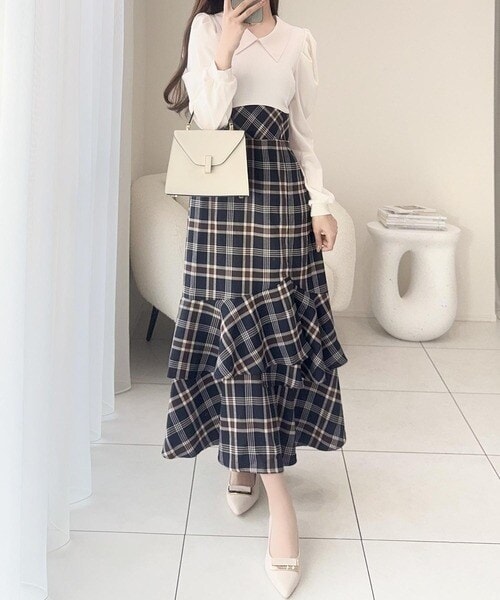 25AW新作【mily bilet】シャツ襟チェックアシメフリルドッキングロングワンピース（長袖）