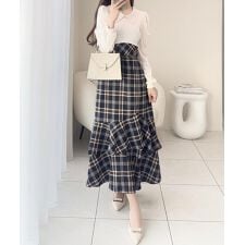 クラシカルエルフ(Classical Elf)の【mily bilet】シャツ襟チェックアシメフリルドッキングロングワンピース（長袖）