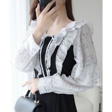 25AW新作【mily bilet】スタイルアップ。シャイニー花柄フリルブラウスドッキングワンピース