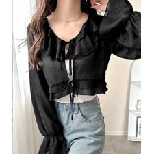 25AW新作【mily bilet】透け感シフォンが軽やか◎ドットシャイニーシアーリボンブラウス