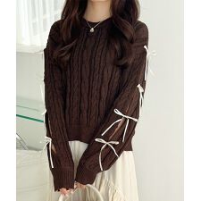 25AW新作【mily bilet】上品フェミニン。袖リボンケーブル編みニットプルオーバー