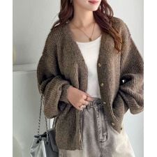 【2025AW新作】大人上品なニュアンスを演出◎比翼Vネックミックスニットカーディガン（長袖）