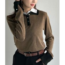 【mily bilet】レイヤード風シャツダブル襟使いカフス切り替えニットプルオーバー（長袖）