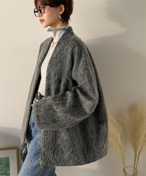 美品 アンタイトル story掲載　カシミヤ混 ミドル丈ノーカラーコクーンコート STORY web掲載／軽く羽織れるミドル丈】ノーカラー コクーン