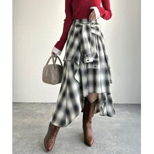 【mily bilet】レイヤード風スタイルが楽しめる！シャツ巻き風チェック柄スカート（ロング丈）