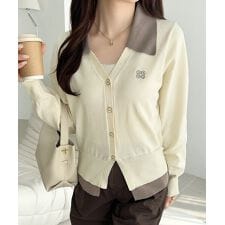 クラシカルエルフ(Classical Elf)の【mily bilet】着るだけ完成。胸刺繍ダブルカラーレイヤードニットカーディガン（長袖）