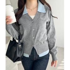 クラシカルエルフ(Classical Elf)の【mily bilet】着るだけ完成。胸刺繍ダブルカラーレイヤードニットカーディガン（長袖）