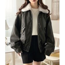 【mily bilet】ファー襟取り外し可能◎ヴィンテージライクダメージフェイクレザーブルゾン