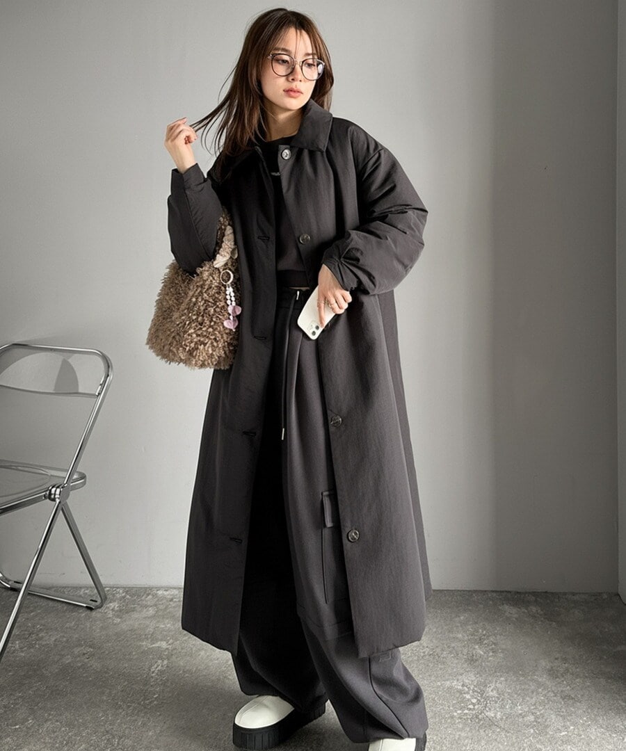 callautia ヘリンボーンステンカラーロングコート | カラウティア