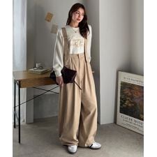 《JaVaジャバコラボ》着心地抜群でオールシーズン使える！綿100%　タック入りバレルレッグサロペ