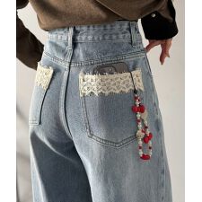 【mily bilet】バックポケットレース使いアシンメトリーウエストデザインデニム（ワイド）