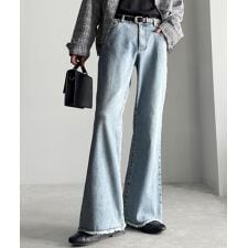 【Classical Origin】ブラスト＆裾フリンジ加工ストレッチ素材スリムフレアデニムパンツ