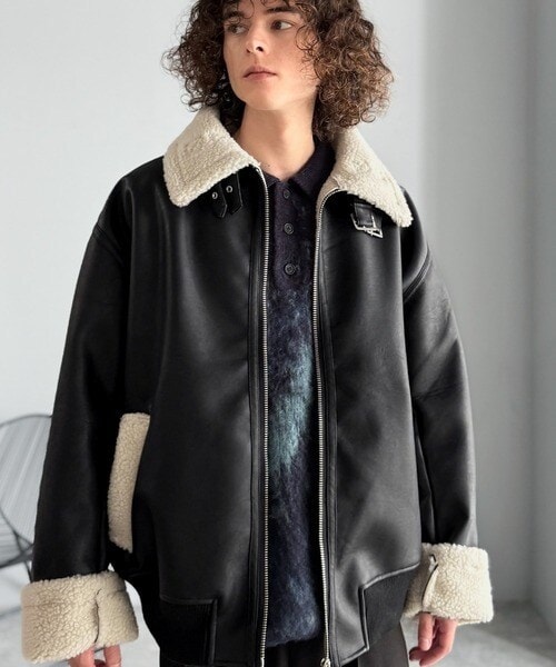 黒レザージャケット ボア襟付き 新品未使用 LIUGOO 本革 襟ボアレザーブルゾン ボンバージャケット メンズ