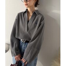 【Classical Evon】優しい温もり、上品見え。圧縮ニット襟付きキーネックプルオーバー