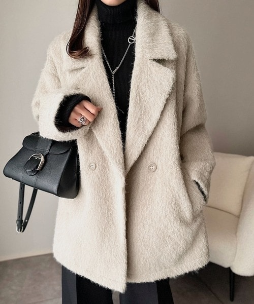 ミドル丈 ボア テーラード コート【無地/チェック柄】Freesia