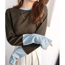 きれいめモード。指穴（サムホール）付き袖配色切り替えテレコリブニットプルオーバー（長袖）