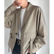 《JaVaジャバコラボ》ショート丈ポケットデザインテーラードシャツジャケット（ヘリンボーン柄）