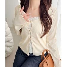 【mily bilet】重ね着風デザインで華やか♪ レースキャミ×カーデ フェイクレイヤードトップス